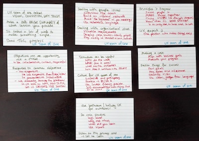 Hand-written index cards with my notew from The User Experience of One