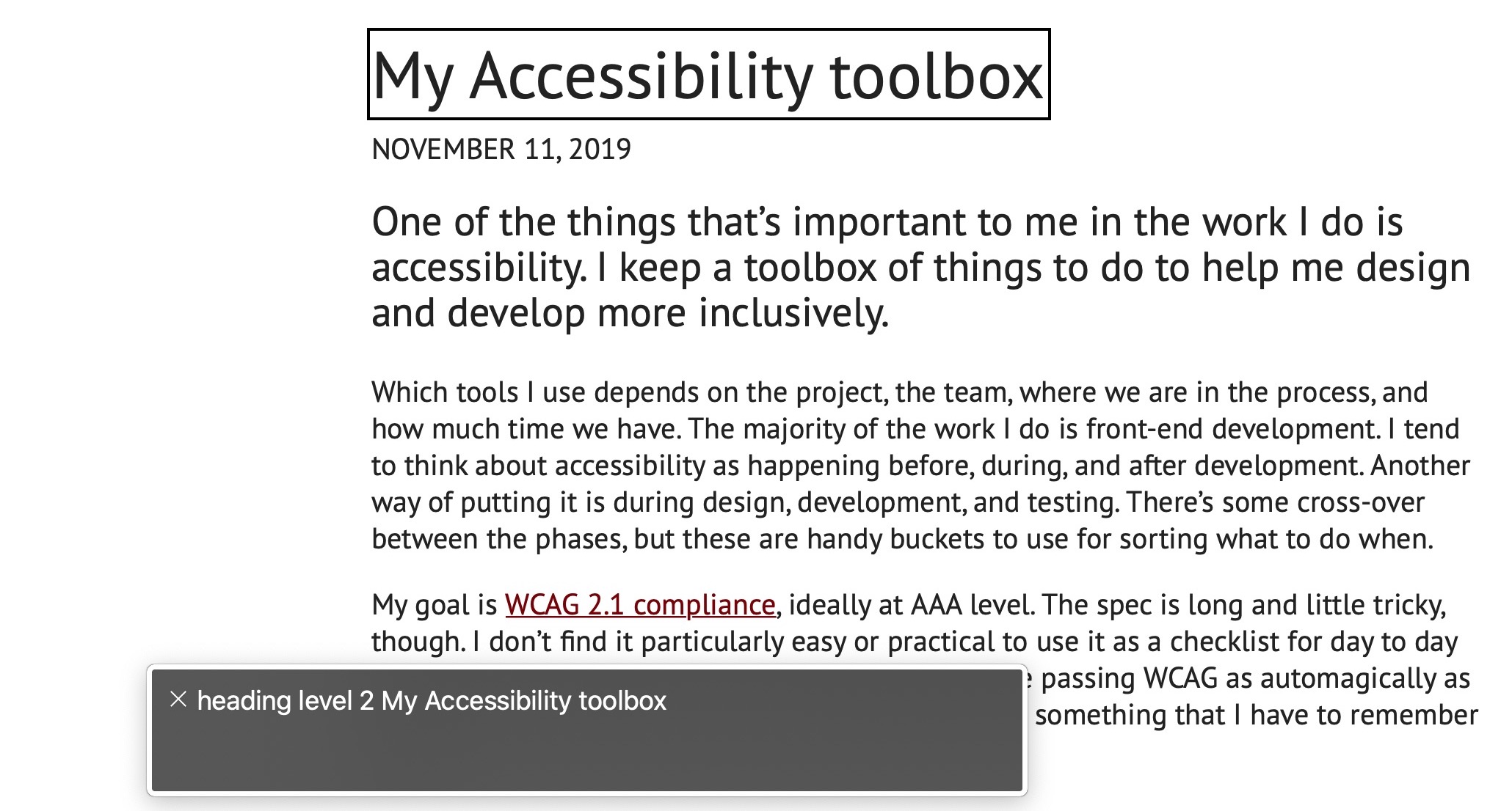 Screenshot of me using VoiceOver on a Mac showing "heading level 2"