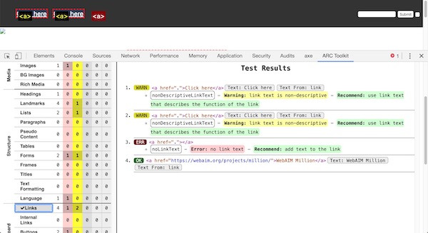 The Paciello Group's ARC Toolkit Chrome extension in action, showing detailed accessiblity testing results.