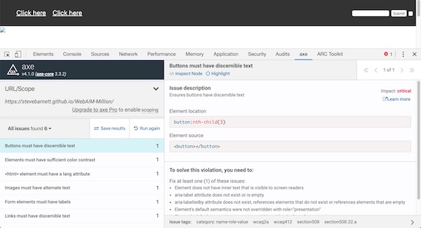 Deque's axe browser extension in action, showing a number of failures