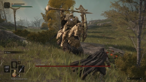 In-game action shot of the Tree Sentinel bearing down on the player character