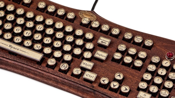 A steampunk keyboard, all wood and brass